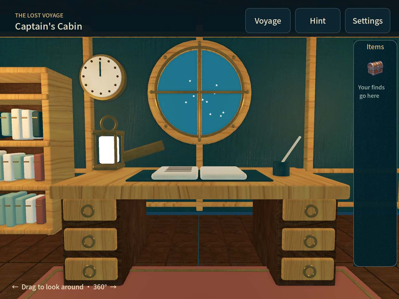 The captain’s cabin in Wondori, with a ship’s clock, star-filled window, and an English game interface.